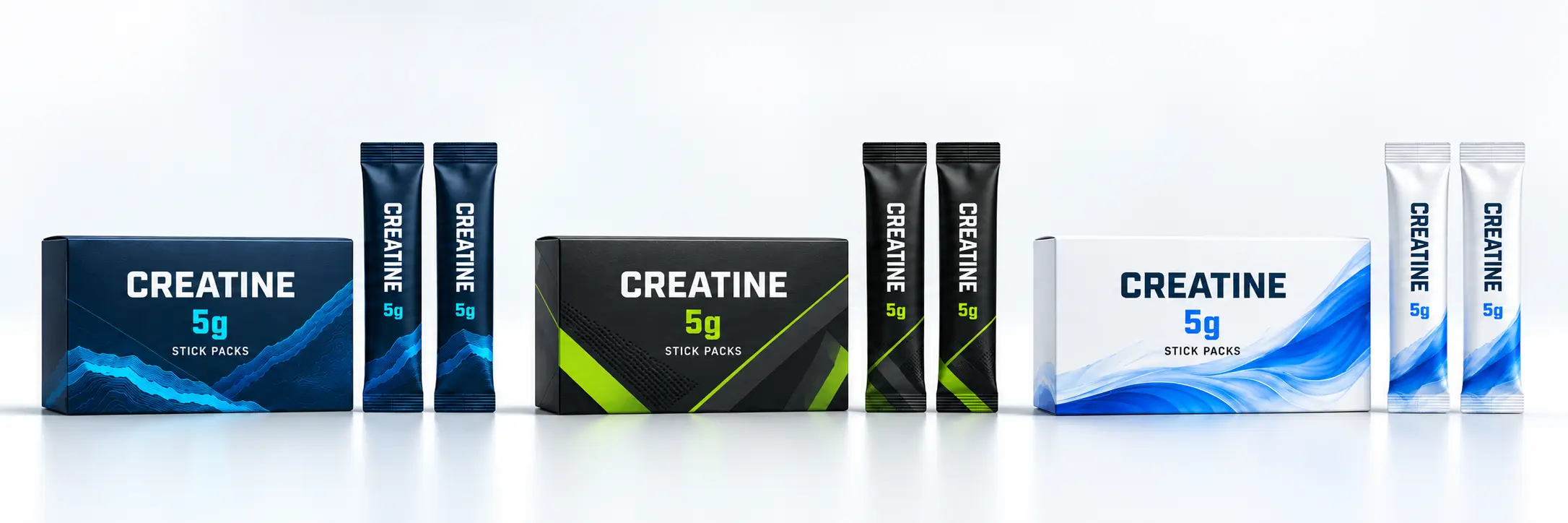 Three landscape creatine cartons and tall slim sachets displayed at correct relative proportions